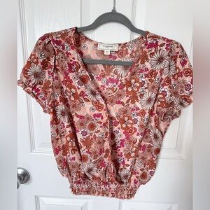 Floral Bronw and Pink Ruched Blouse with Relaxed Fit